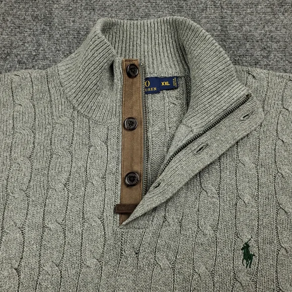 Polo Ralph Lauren Cable Knit Sweater Quarter Zip Mens 2XL 100% Tussah Silk Gray